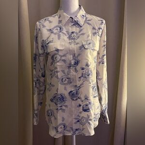 Equipment 100% Silk Shirt Size M Button Up White With Blue Abstract Pattern